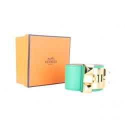 Pre Owned Hermès Collier de Chien Calfskin Green Leather Gold Plated Bracelet