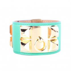Pre Owned Hermès Collier de Chien Calfskin Green Leather Gold Plated Bracelet