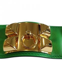 Pre Owned Hermès Collier de Chien Calfskin Green Leather Gold Plated Bracelet