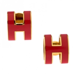 Pre Owned Hermes Pop H Pink Lacquered Gold Plated Stud Earrings