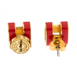 Pre Owned Hermes Pop H Pink Lacquered Gold Plated Stud Earrings
