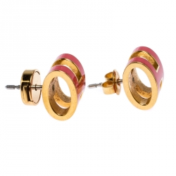 Pre Owned Hermes Pop H Pink Lacquered Gold Plated Stud Earrings
