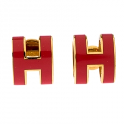 Pre Owned Hermes Pop H Pink Lacquered Gold Plated Stud Earrings