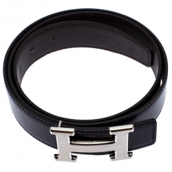 Pre Owned Hermes Black/Brown Leather Palladium Hardware H Logo Reversible Belt 95cm