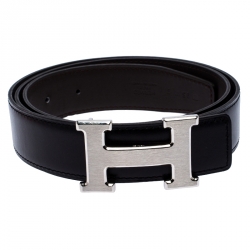 Pre Owned Hermes Black/Brown Leather Palladium Hardware H Logo Reversible Belt 95cm