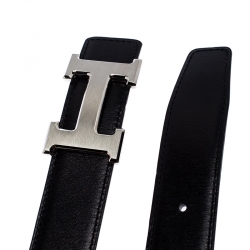 Pre Owned Hermes Black/Brown Leather Palladium Hardware H Logo Reversible Belt 95cm