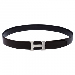 Pre Owned Hermes Black/Brown Leather Palladium Hardware H Logo Reversible Belt 95cm