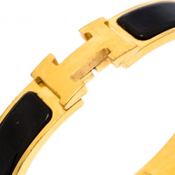 Pre Owned Hermès Clic H Black Enamel Gold Plated Narrow Bracelet GM