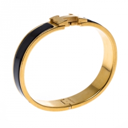 Pre Owned Hermès Clic H Black Enamel Gold Plated Narrow Bracelet GM