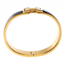 Pre Owned Hermès Clic H Black Enamel Gold Plated Narrow Bracelet GM