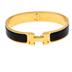 Pre Owned Hermès Clic H Black Enamel Gold Plated Narrow Bracelet GM
