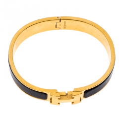 Pre Owned Hermès Clic H Black Enamel Gold Plated Narrow Bracelet GM