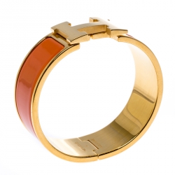 Pre Owned Hermes Clic Clac H Orange Enamel Gold Plated Wide Bracelet PM