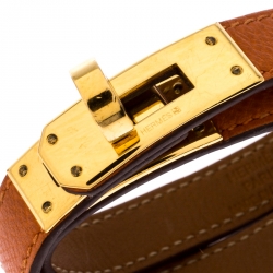 Pre Owned Hermes Kelly Double Tour Orange Leather Gold Plated Wrap Bracelet S