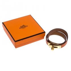 Pre Owned Hermes Kelly Double Tour Orange Leather Gold Plated Wrap Bracelet S
