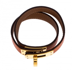Pre Owned Hermes Kelly Double Tour Orange Leather Gold Plated Wrap Bracelet S