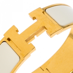 Pre Owned Hermes Clic Clac H White Enamel Gold Plated Wide Bracelet GM