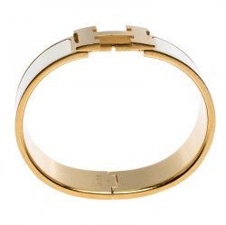 Pre Owned Hermes Clic Clac H White Enamel Gold Plated Wide Bracelet GM