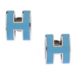 Pre Owned Hermes Pop H Blue Lacquered Palladium Plated Stud Earrings