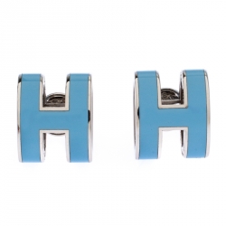 Pre Owned Hermes Pop H Blue Lacquered Palladium Plated Stud Earrings