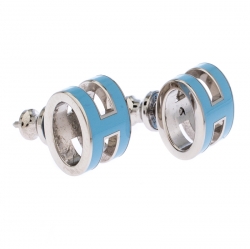 Pre Owned Hermes Pop H Blue Lacquered Palladium Plated Stud Earrings