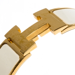 Pre Owned Hermes Clic Clac H White Enamel Gold Plated Wide Bracelet GM