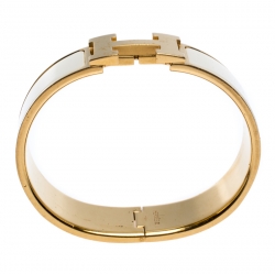 Pre Owned Hermes Clic Clac H White Enamel Gold Plated Wide Bracelet GM