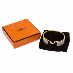 Pre Owned Hermes Clic Clac H White Enamel Gold Plated Wide Bracelet GM