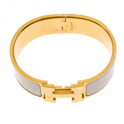 Pre Owned Hermes Clic Clac H White Enamel Gold Plated Wide Bracelet GM