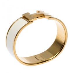 Pre Owned Hermes Clic Clac H White Enamel Gold Plated Wide Bracelet GM