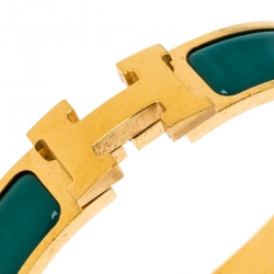 Pre Owned Hermès Clic H Malachite Green Enamel Gold Plated Narrow Bracelet PM