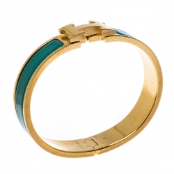 Pre Owned Hermès Clic H Malachite Green Enamel Gold Plated Narrow Bracelet PM