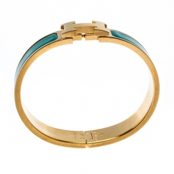 Pre Owned Hermès Clic H Malachite Green Enamel Gold Plated Narrow Bracelet PM