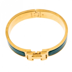 Pre Owned Hermès Clic H Malachite Green Enamel Gold Plated Narrow Bracelet PM