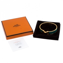 Pre Owned Hermès Clic H Malachite Green Enamel Gold Plated Narrow Bracelet PM
