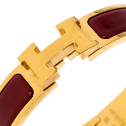 Pre Owned Hermès Clic H Rouge Red Enamel Gold Plated Narrow Bracelet PM