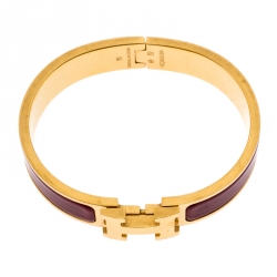 Pre Owned Hermès Clic H Rouge Red Enamel Gold Plated Narrow Bracelet PM