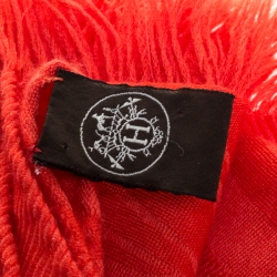 Pre Owned Hermes Orange Silk Cashmere Blend Fringed Scarf