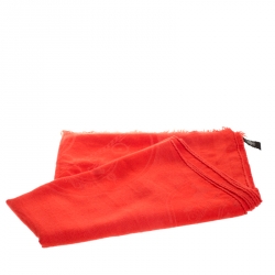 Pre Owned Hermes Orange Silk Cashmere Blend Fringed Scarf