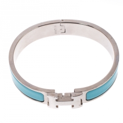 Pre Owned Hermès Clic H Teal Blue Enamel Palladium Plated Narrow Bracelet PM