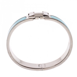 Pre Owned Hermès Clic H Teal Blue Enamel Palladium Plated Narrow Bracelet PM