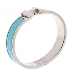 Pre Owned Hermès Clic H Teal Blue Enamel Palladium Plated Narrow Bracelet PM