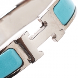 Pre Owned Hermès Clic H Teal Blue Enamel Palladium Plated Narrow Bracelet PM