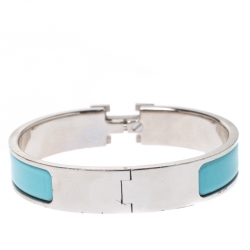 Pre Owned Hermès Clic H Teal Blue Enamel Palladium Plated Narrow Bracelet PM