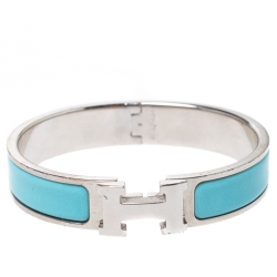 Pre Owned Hermès Clic H Teal Blue Enamel Palladium Plated Narrow Bracelet PM