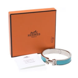 Pre Owned Hermès Clic H Teal Blue Enamel Palladium Plated Narrow Bracelet PM
