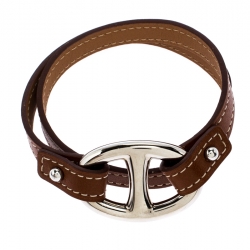 Pre Owned Hermès Brown Leather Granville Double Tour Bracelet M