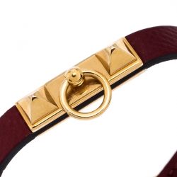 Pre Owned Hermès Rouge Grenat Leather Micro Rivale Bracelet S