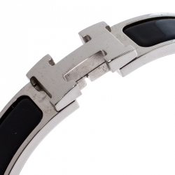 Pre Owned Hermès Clic H Noir Enamel Palladium Plated Narrow Bracelet GM