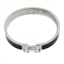 Pre Owned Hermès Clic H Noir Enamel Palladium Plated Narrow Bracelet GM
